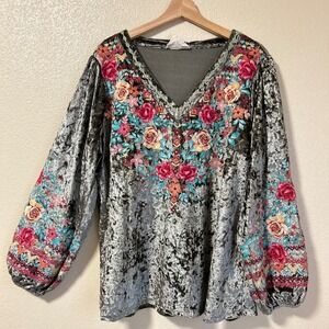 Savanna Jane Floral Embroidered Velvet Blouse - Gray and Multicolor